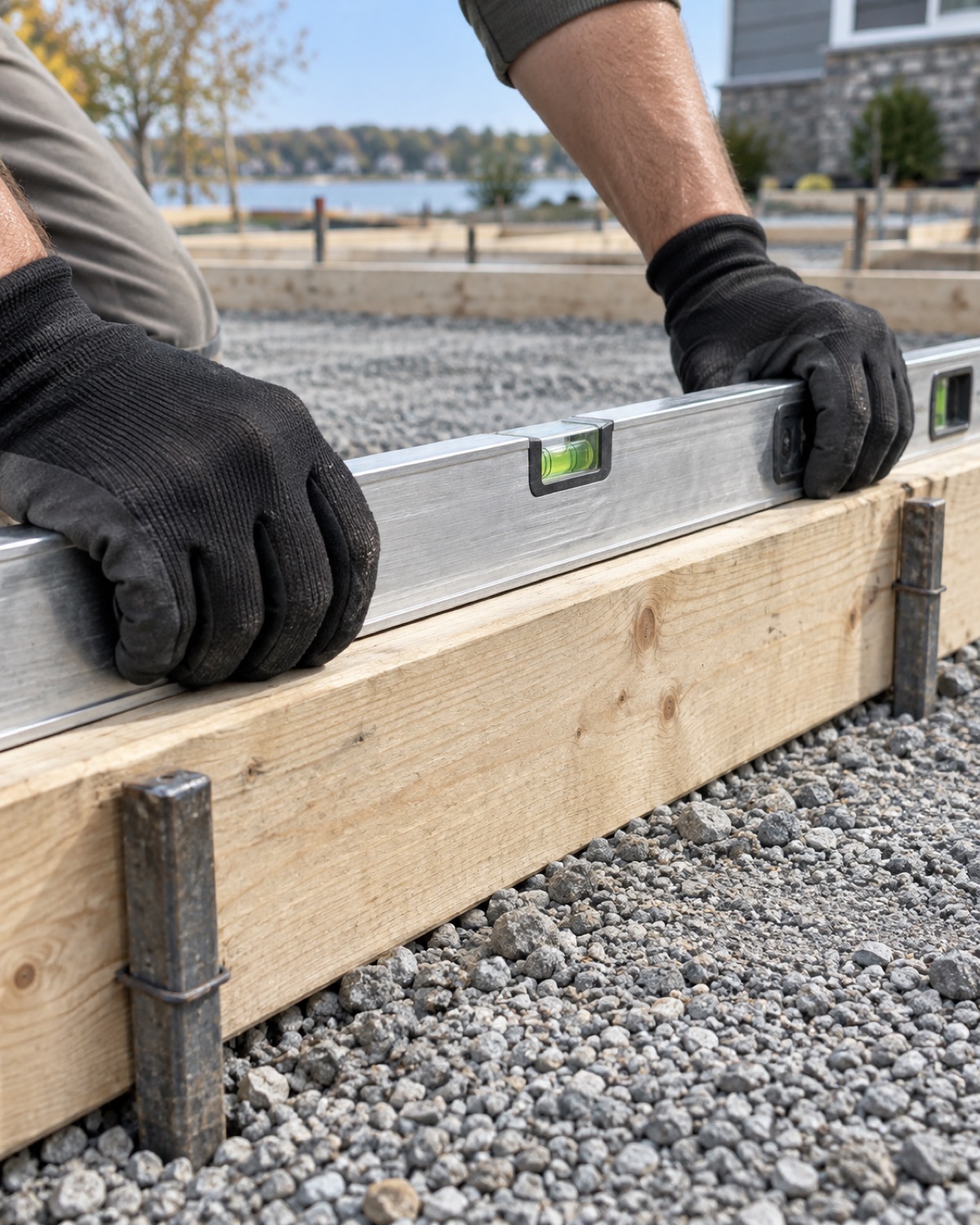 Gloved hands checking concrete form alignment with an aluminum level