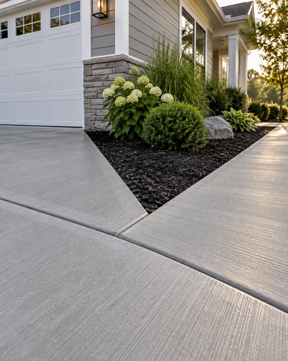 Precise driveway, sidewalk, and landscape edge transitions at a West Michigan home