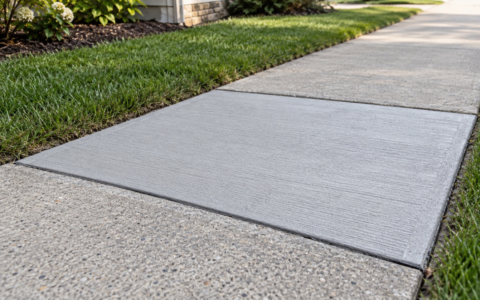Cleanly repaired sidewalk section with a matched broom finish
