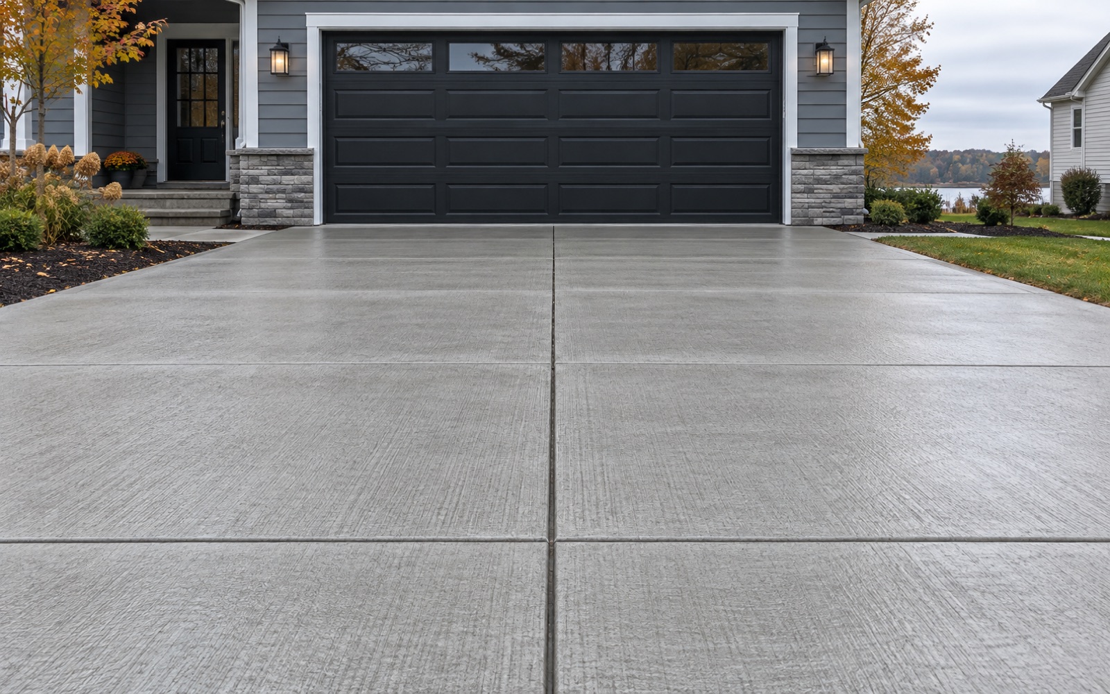Close view of a finished concrete driveway and clean garage approach
