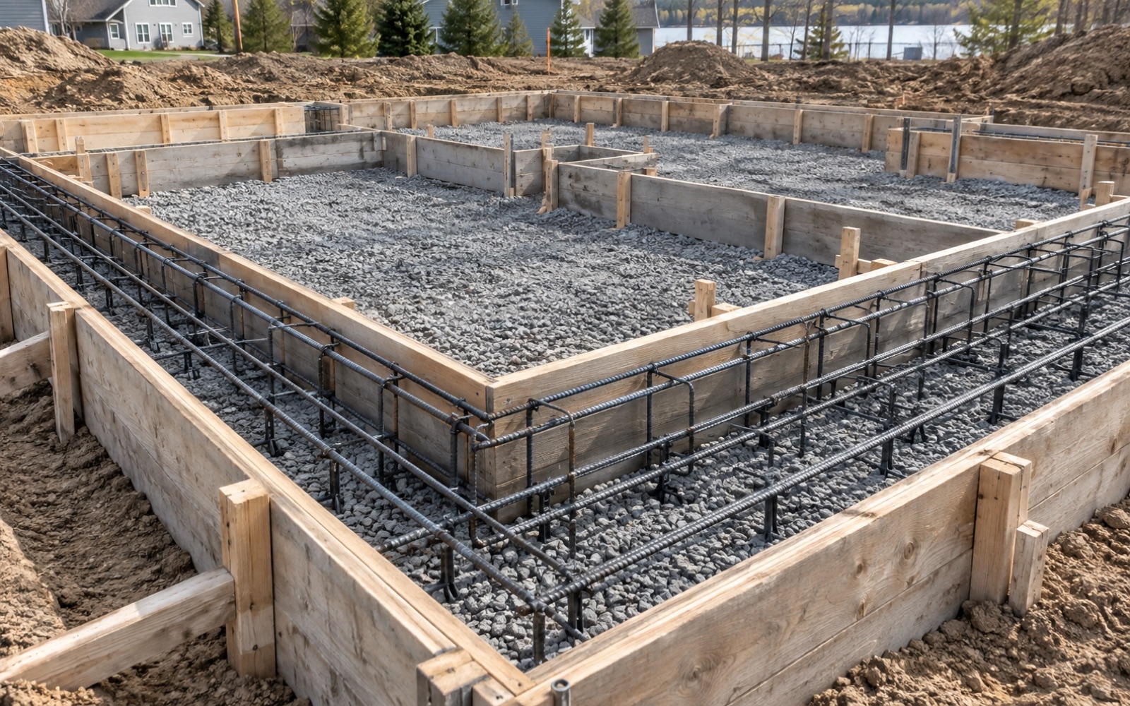 Reinforced footing forms prepared for a residential concrete foundation