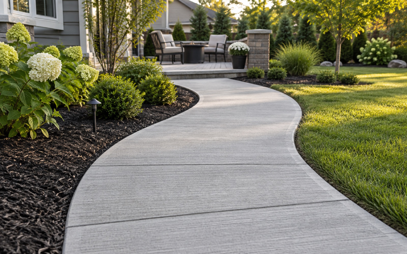Curved concrete sidewalk leading to a backyard patio