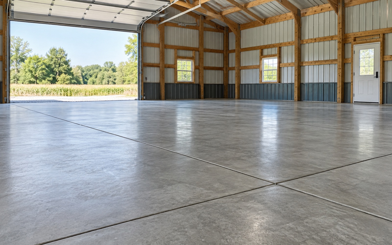 Smooth concrete slab with straight control joints inside an outbuilding