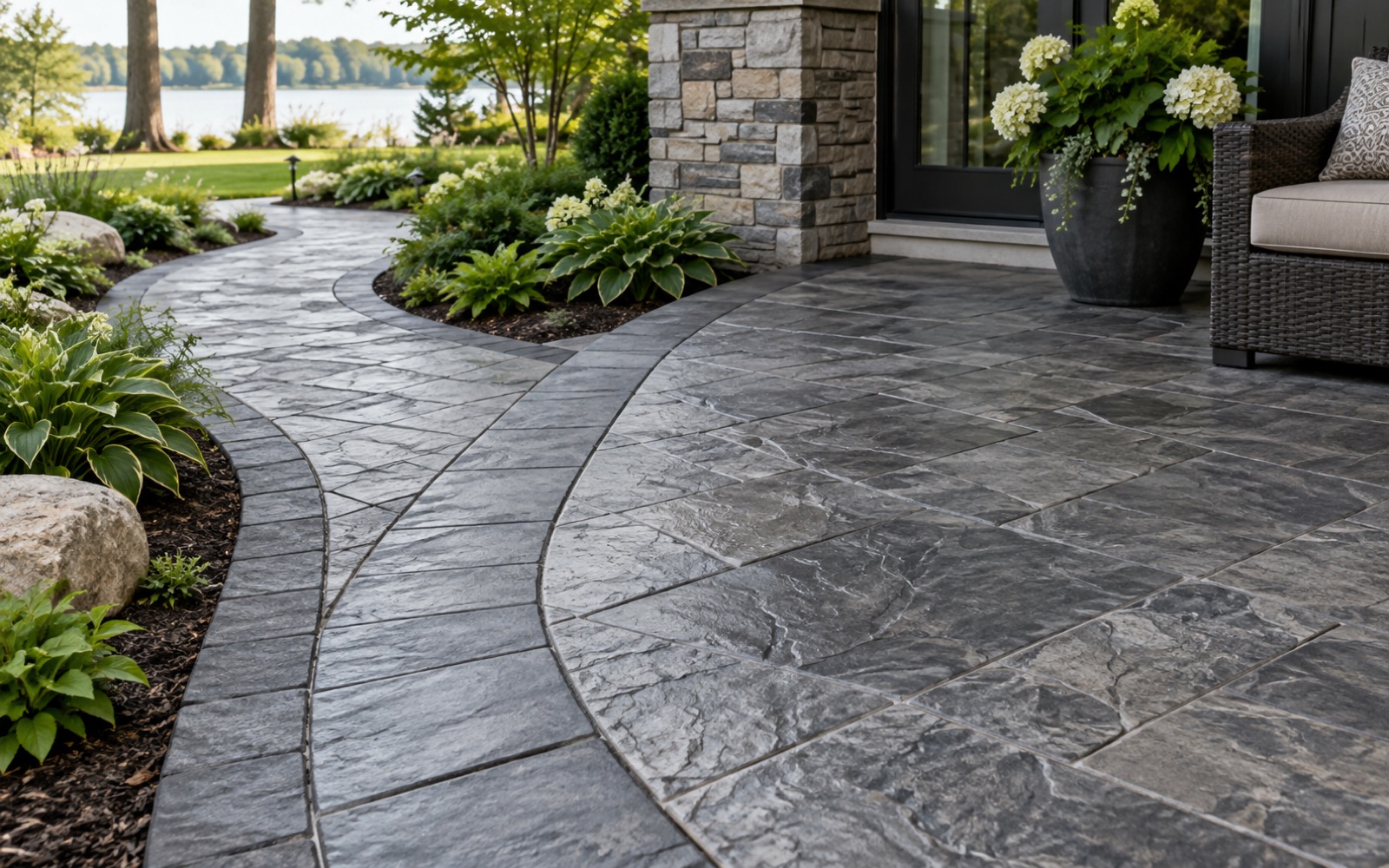 Stamped concrete walkway and patio with a defined decorative border