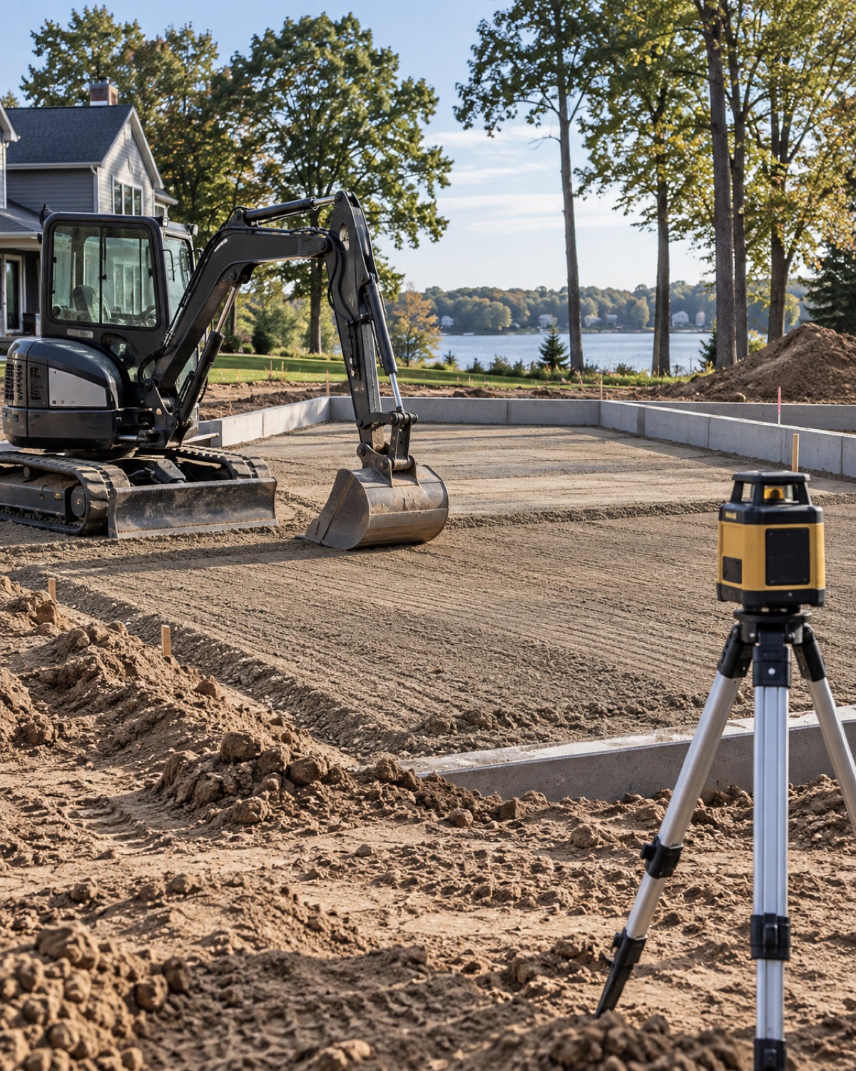 Compact excavator and graded aggregate preparing a residential concrete site near Holland