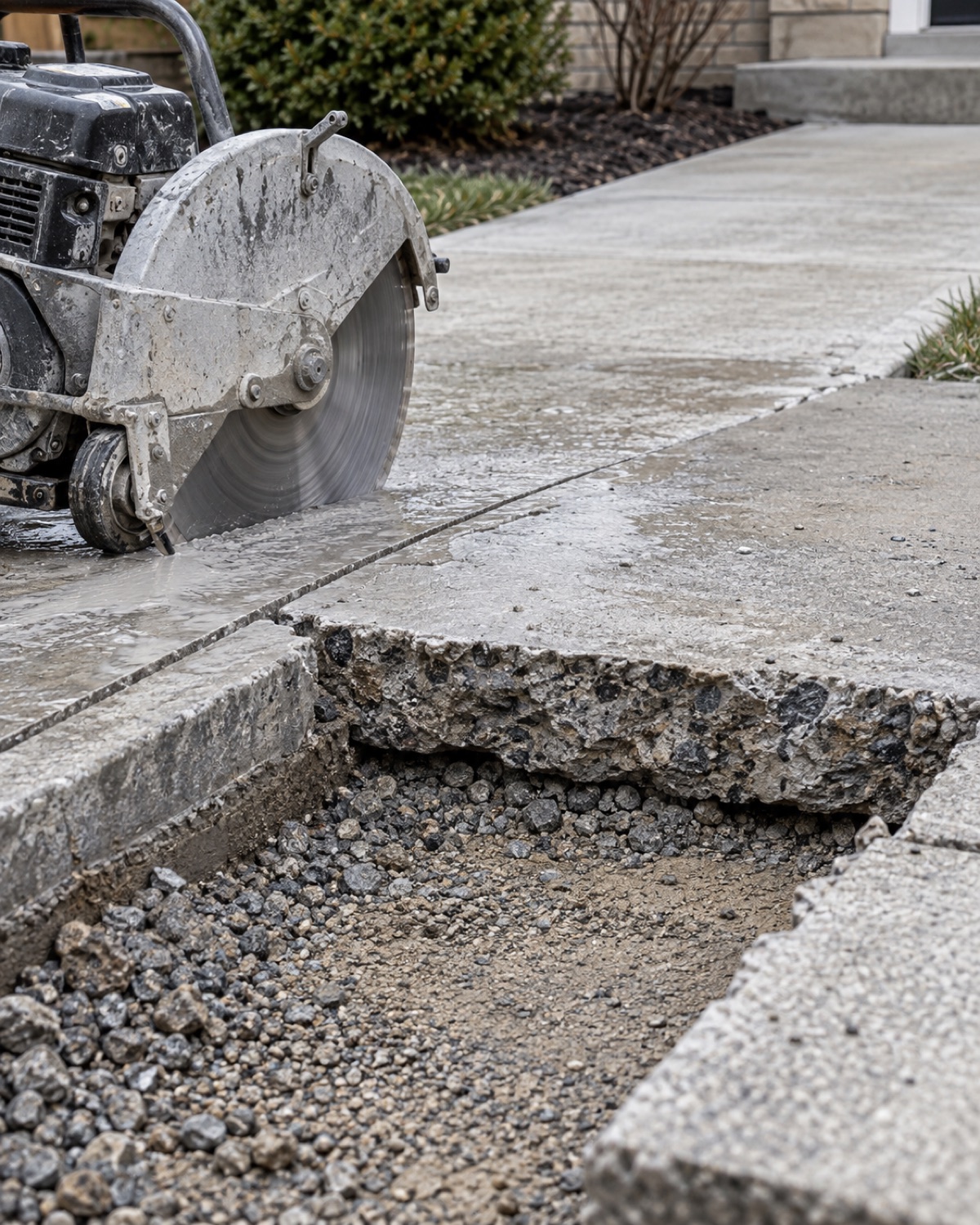 Damaged concrete cut and prepared for sectional repair