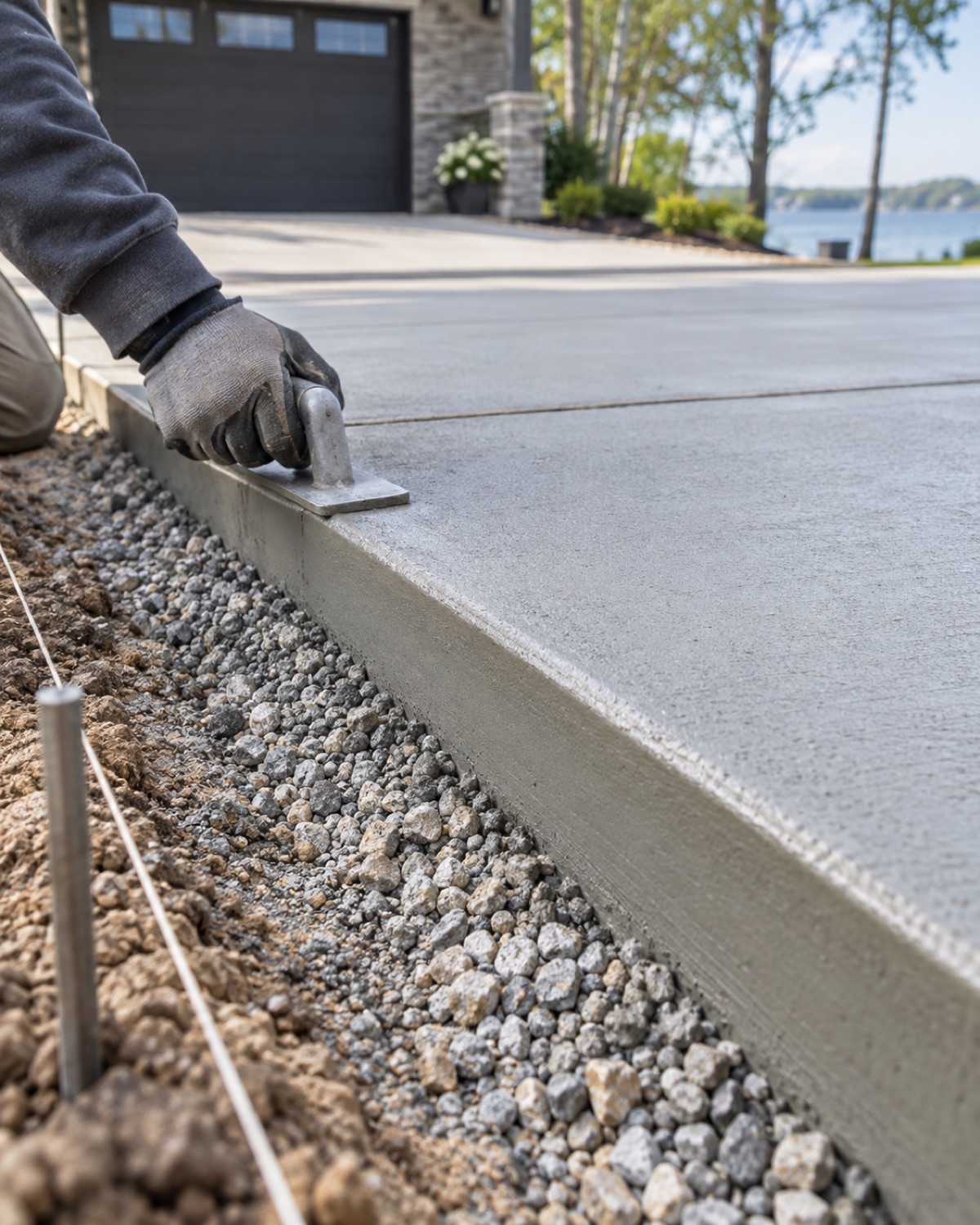 Compacted gravel base and formed edge prepared for a concrete driveway