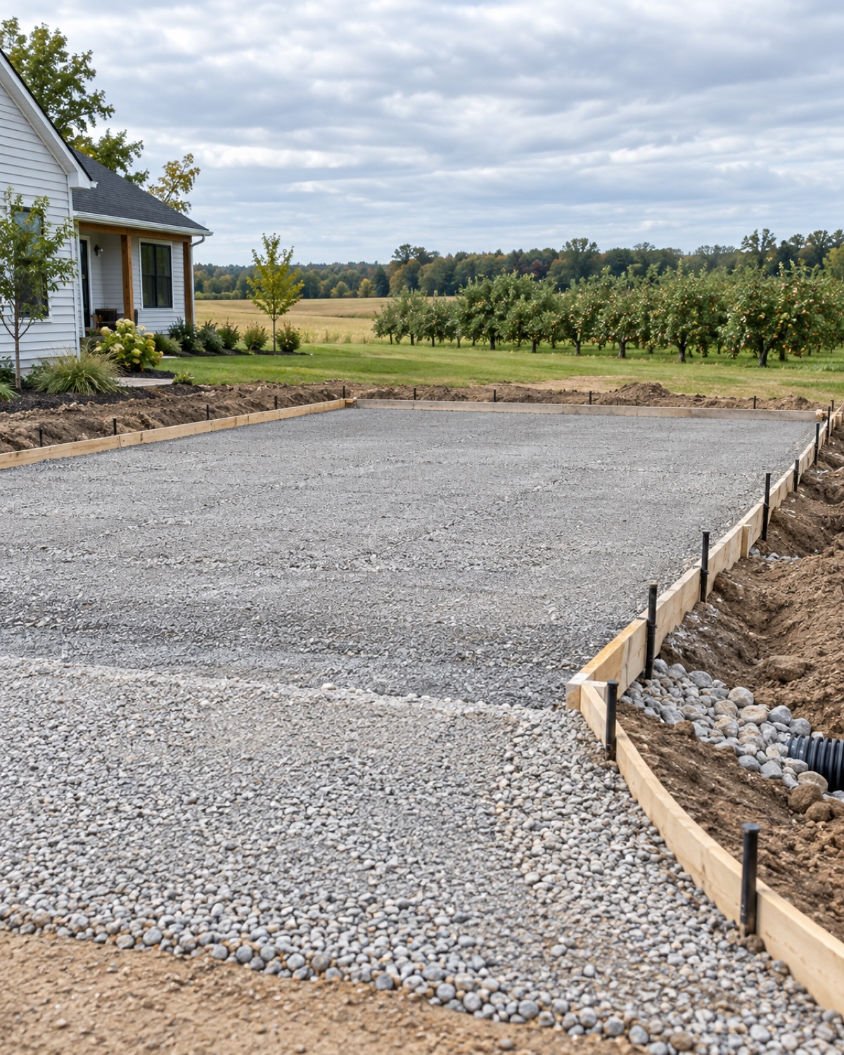 Prepared concrete pad and graded driveway approach on a rural-edge property near Fennville