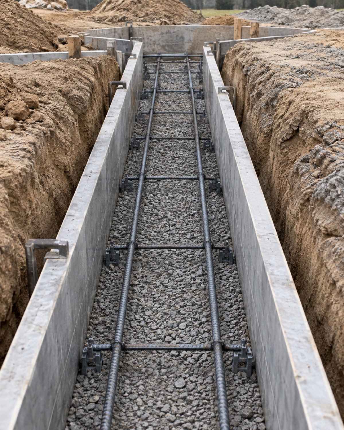 Prepared footing trench with reinforcement and compacted soil at a foundation site
