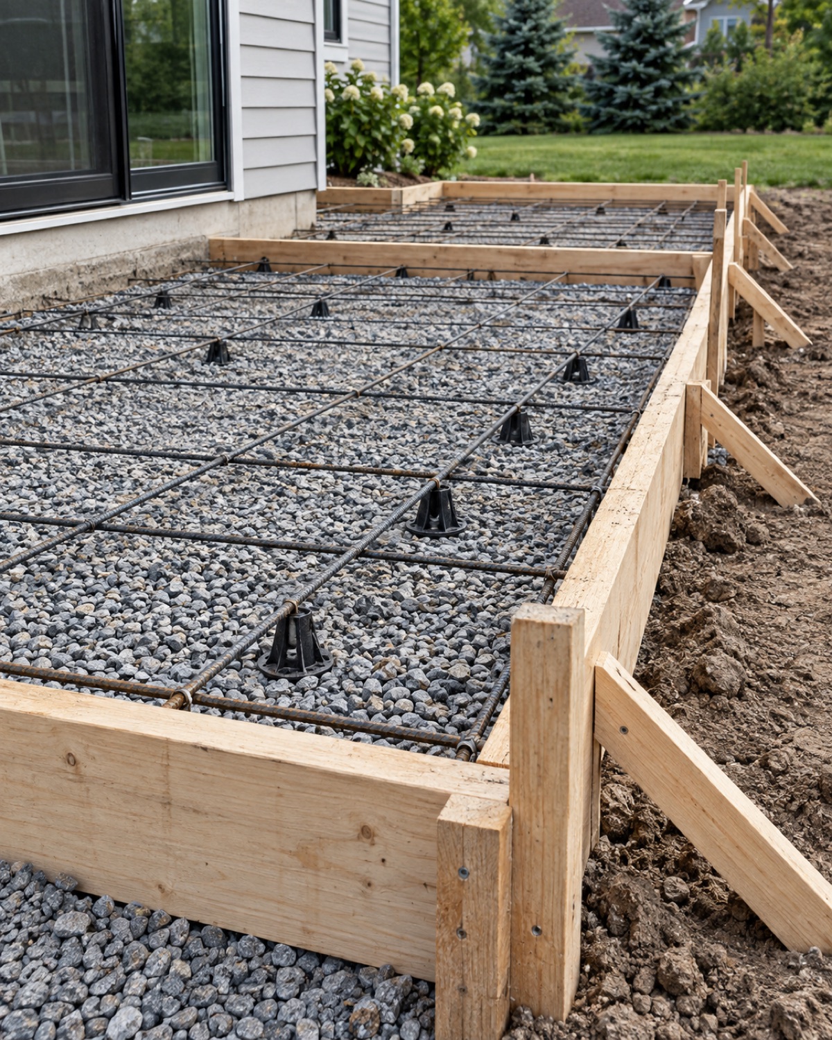 Patio formwork, compacted base, and reinforcement prepared before concrete placement