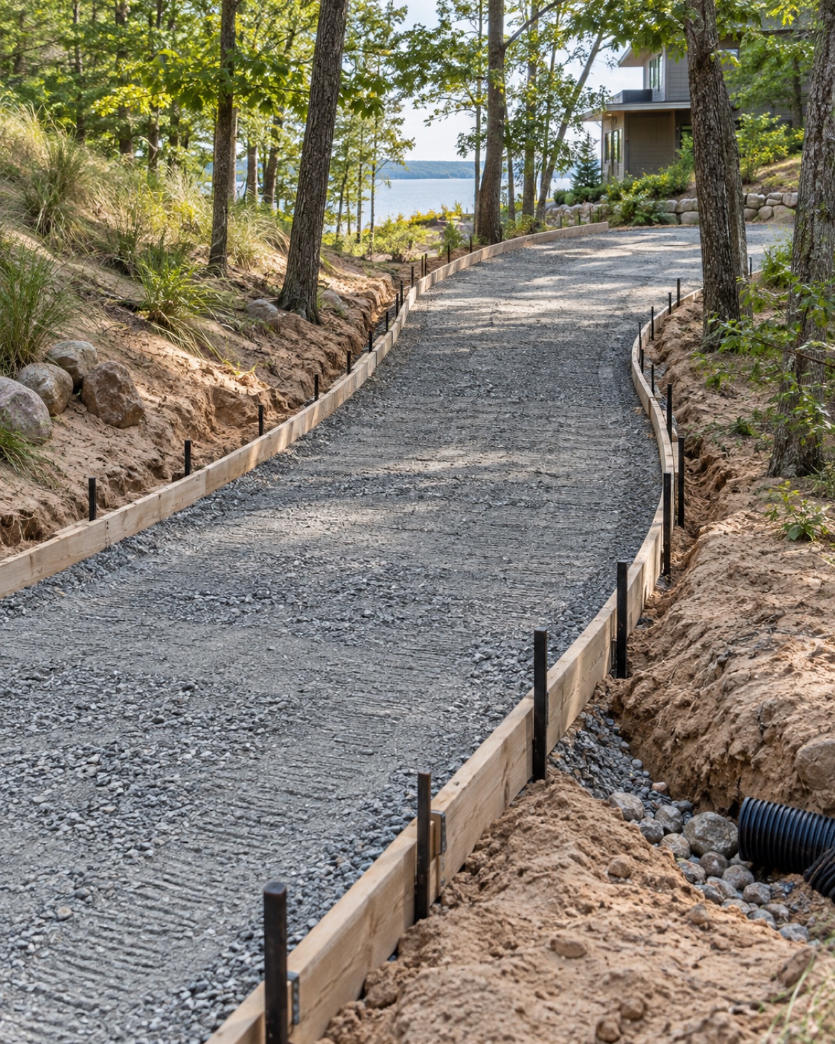 Concrete driveway formwork and compacted base on a gently sloped wooded lot near Saugatuck