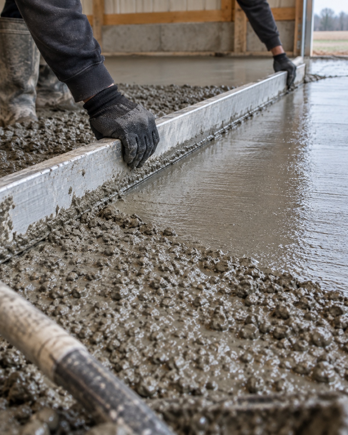 Fresh concrete being leveled during a garage or barn floor pour