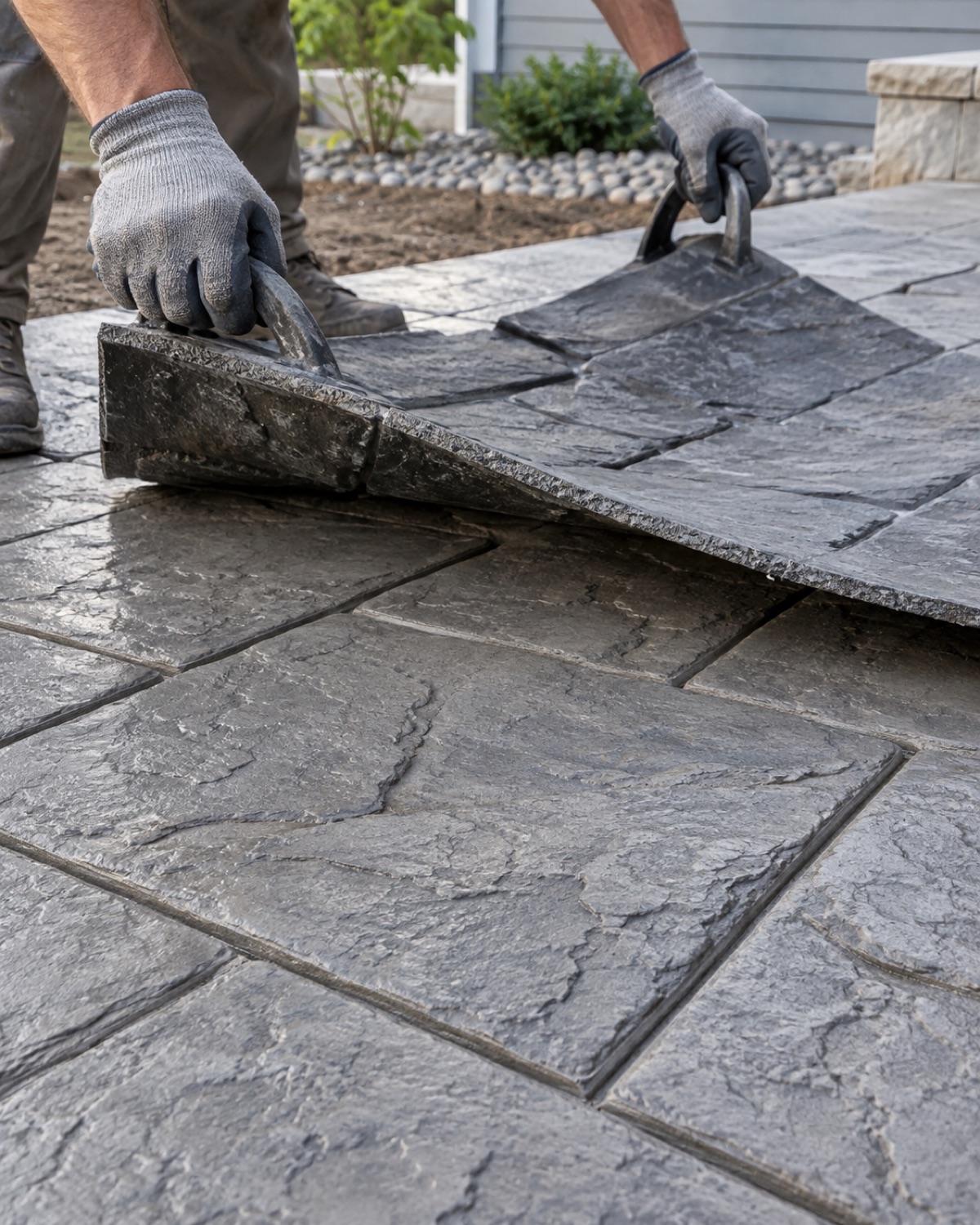 Stamping mats and hand tools creating texture in fresh decorative concrete