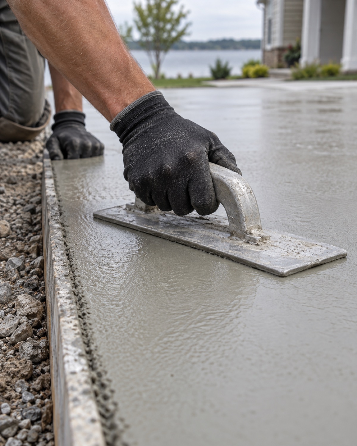 Gloved hands using an aluminum float to finish fresh concrete